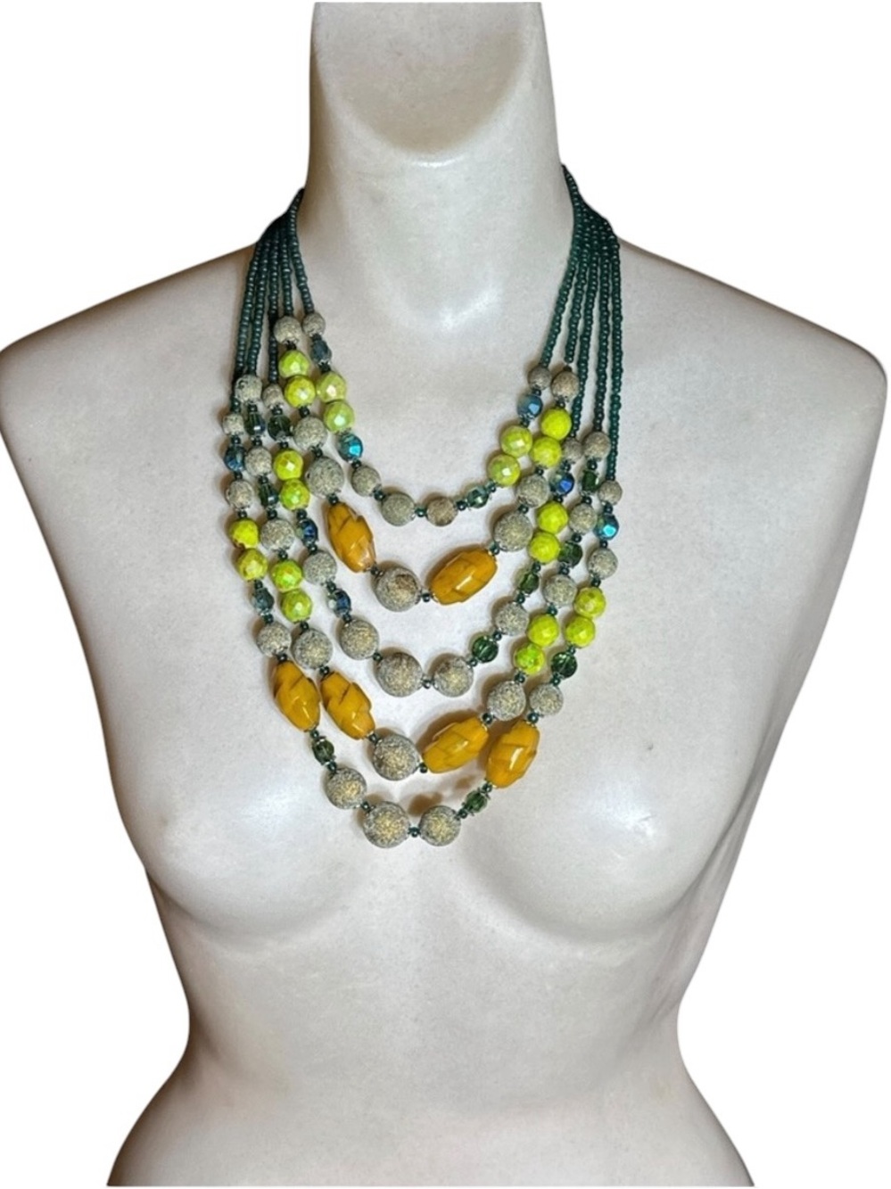 Vintage Signed Hobe 1950s Green AB Crystal Carved Bakelite Multi Five Strand 20”